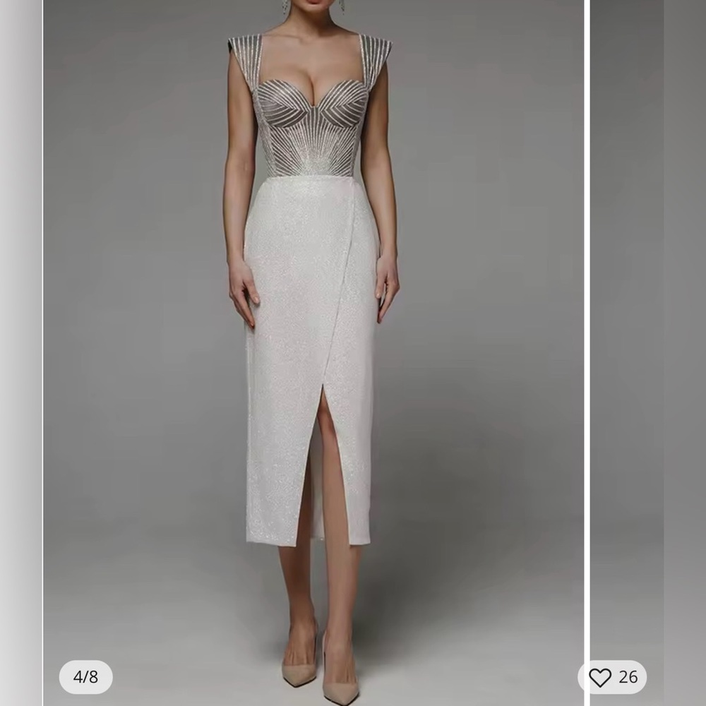 Elegant White and Silver Midi Dress